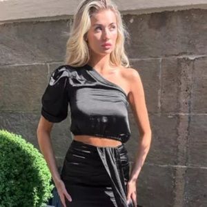 One Shoulder Satin Crop Top in Black - Girl Code - Size XL (runs small)